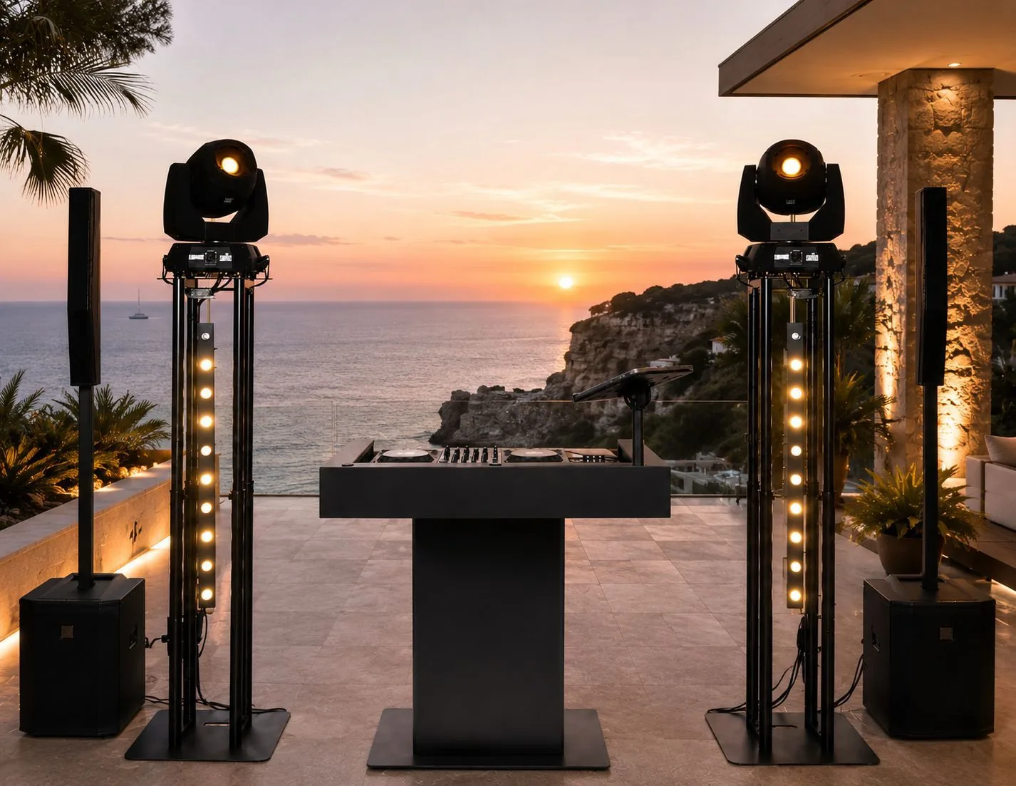Booth DJ Maison Joss installé face à la mer au coucher du soleil