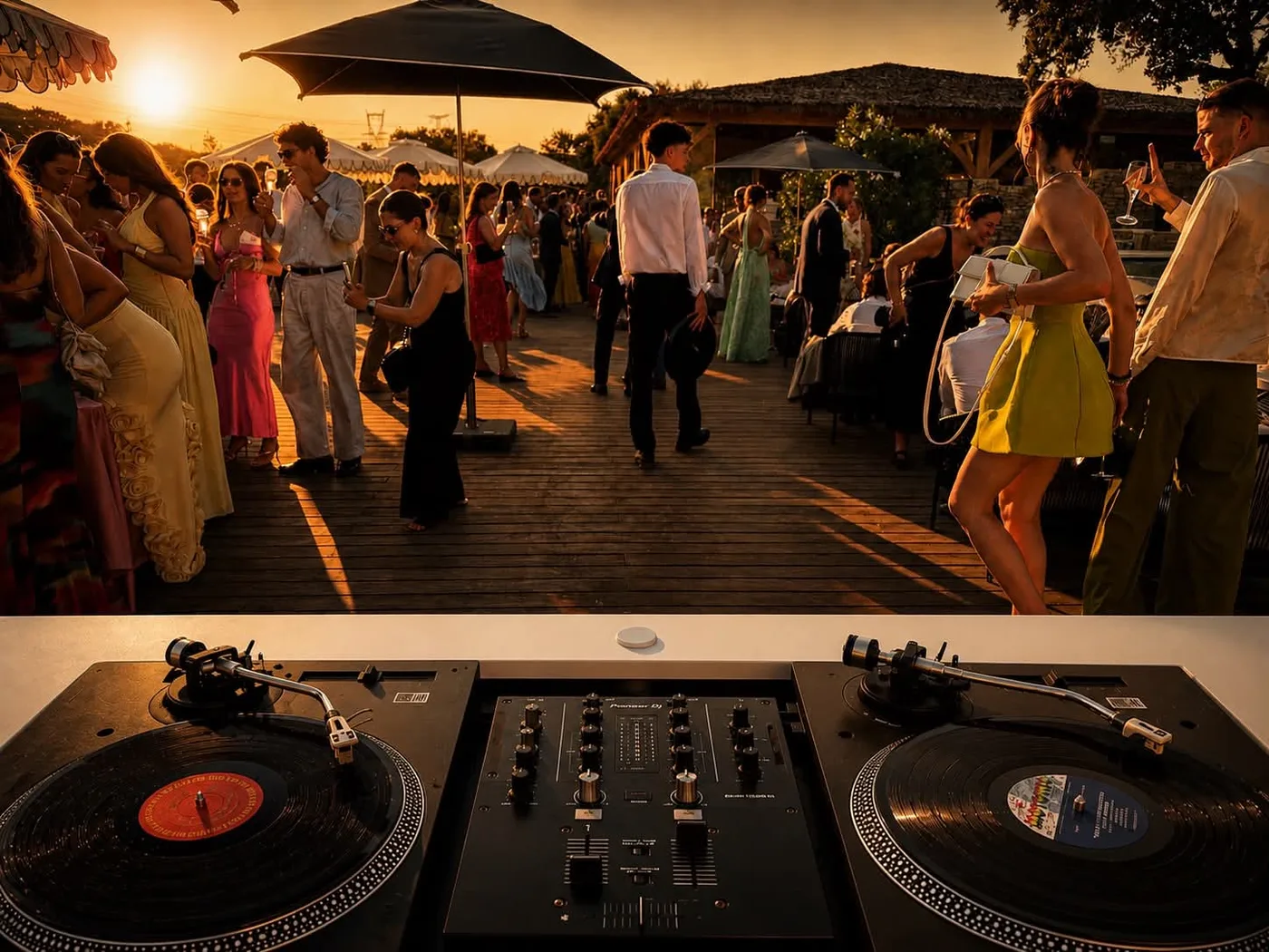 Platines vinyles avec cocktail de mariage en arrière-plan