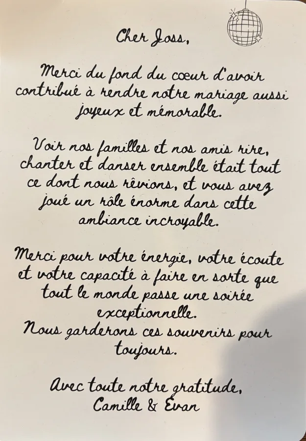 Carte de remerciements manuscrite de Camille et Evan pour leur mariage