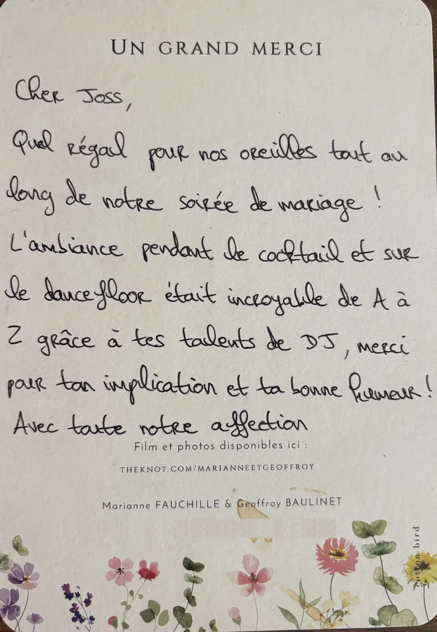 Carte de remerciements manuscrite de Marianne et Geoffroy pour leur mariage