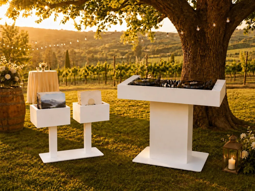 Bar à vinyles Maison Joss installé en extérieur pour un mariage en Provence